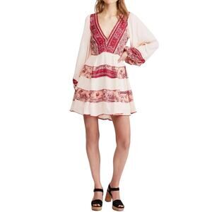 Free People My Love Mini Dress Long Sleeve Pink Red Boho Floral V Neck XS